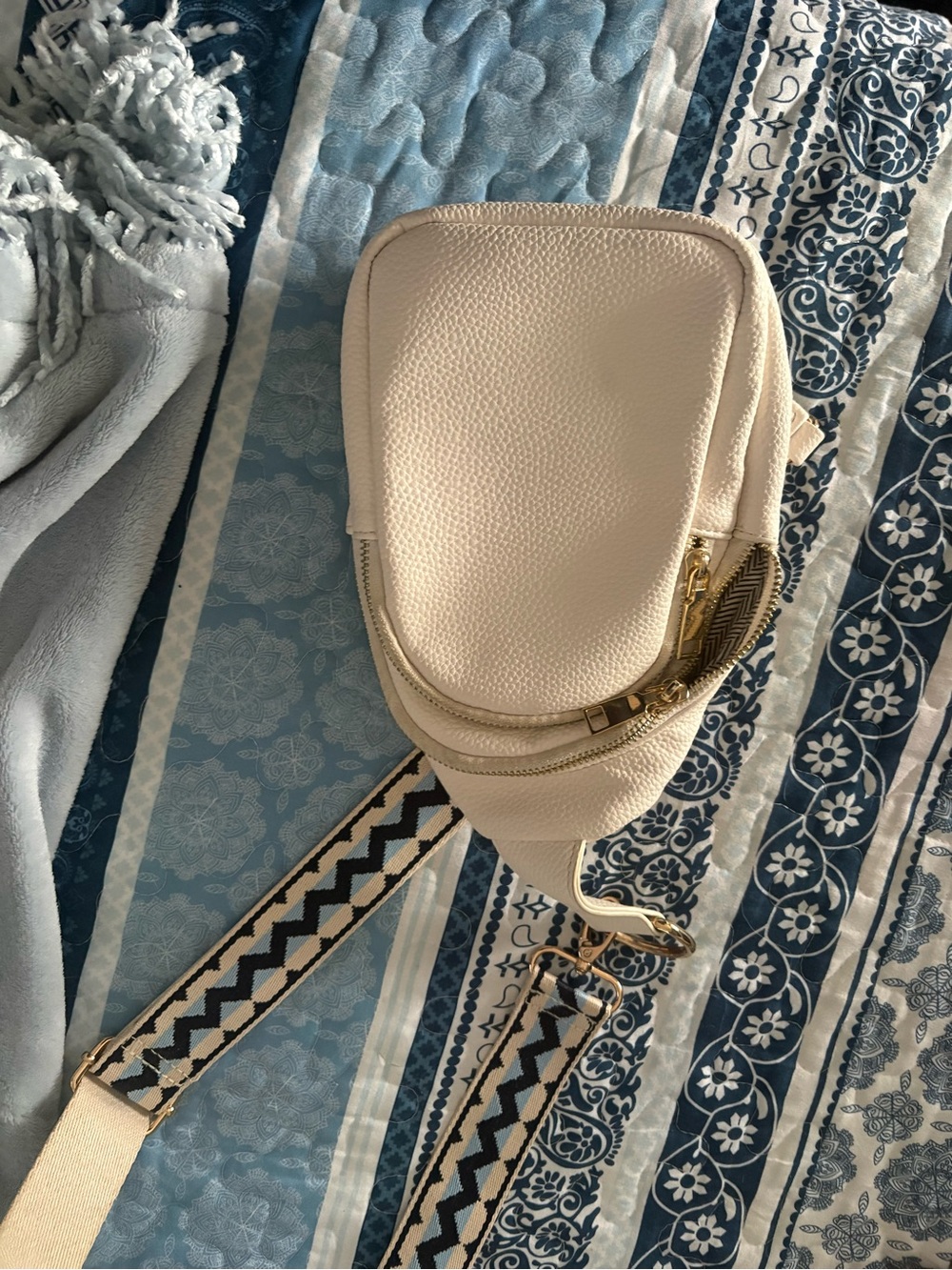 Cream Crossbody Sling Bag with Patterned Strap